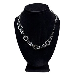 Silver Tone Circle Link Statement Necklace Double Clasp Chain Jewelry Sz 9 in L